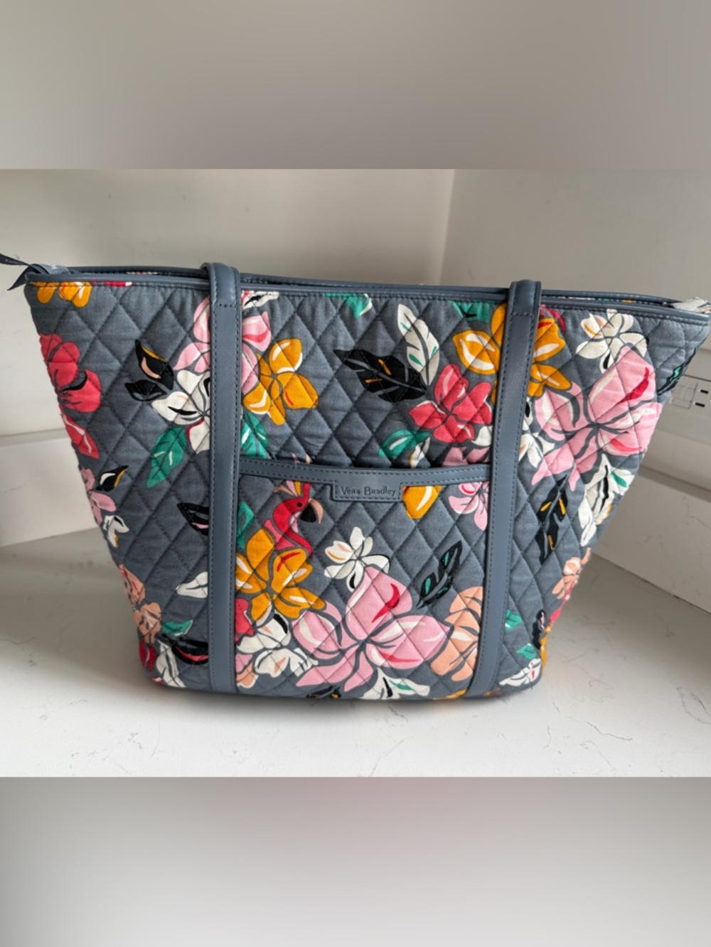 Vera Bradley Blue Quilted Floral Tote with Pink & Yellow Blooms like new.